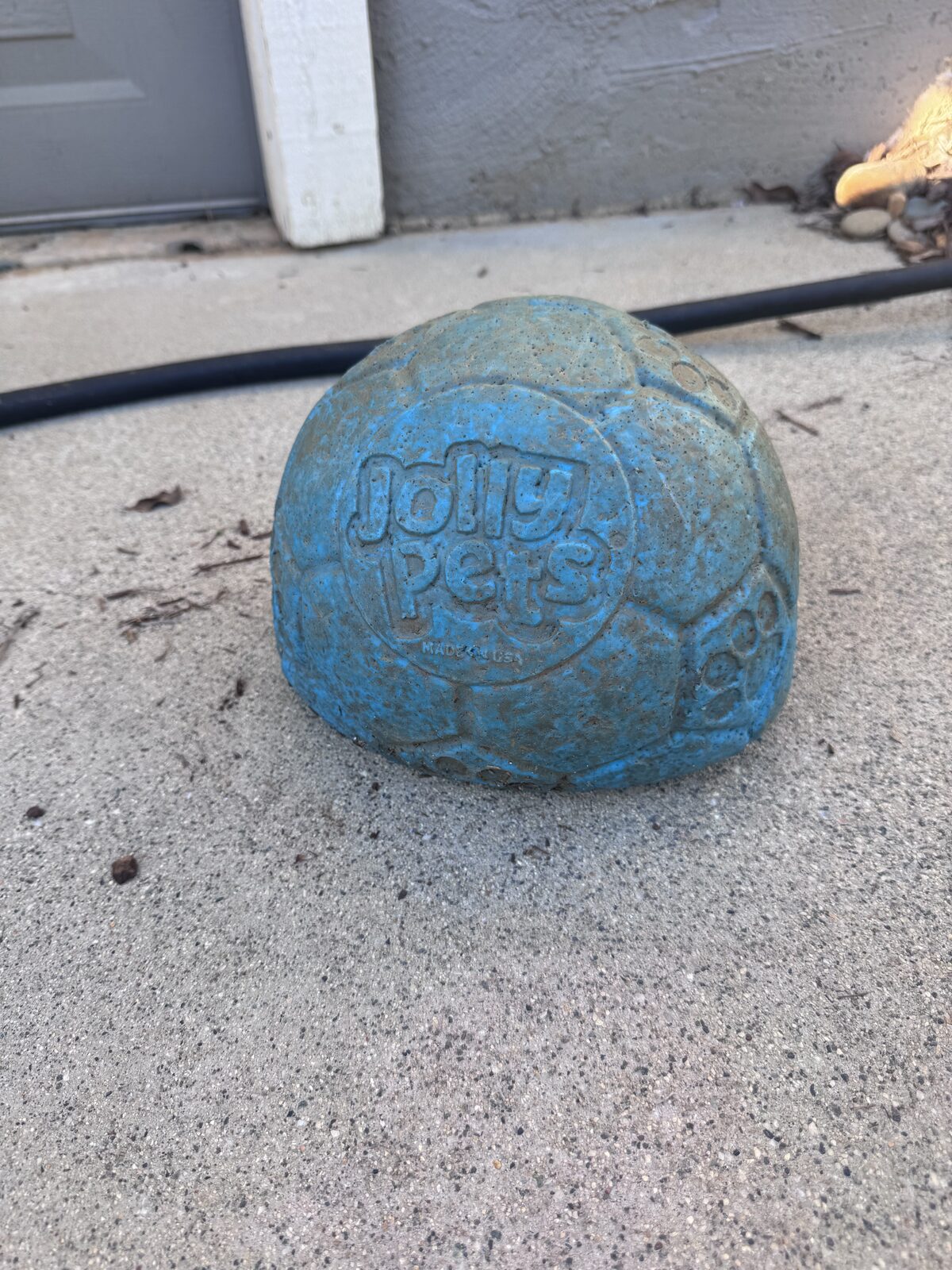 A blue dog ball sitting on concrete after a hard play session.