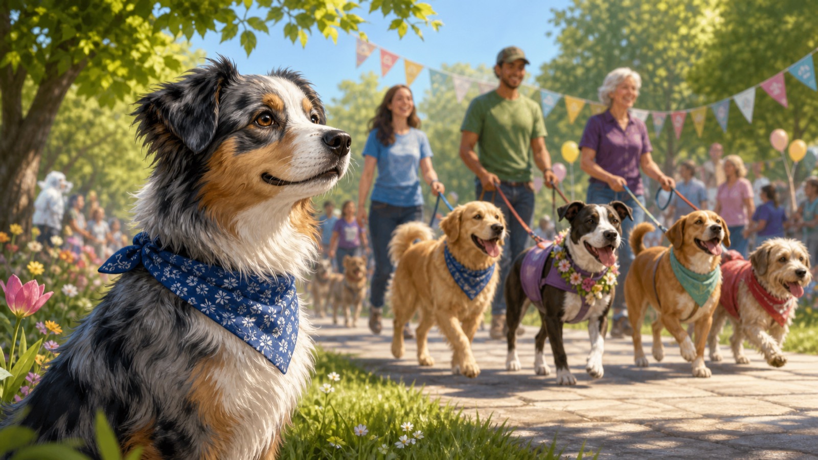 Max the blue merle mini Australian Shepherd watching rescue dogs parade with their people in a sunny park.