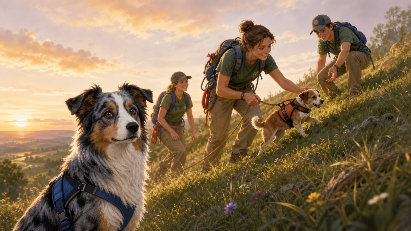 Max standing on a grassy hillside while rescue volunteers guide a small dog to safety in golden light.